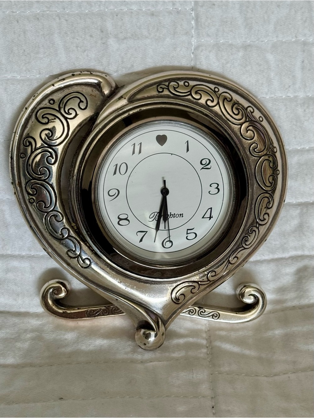 Vintage Mini Brighton Penelope Silver Heart Table Clock with Scrollwork